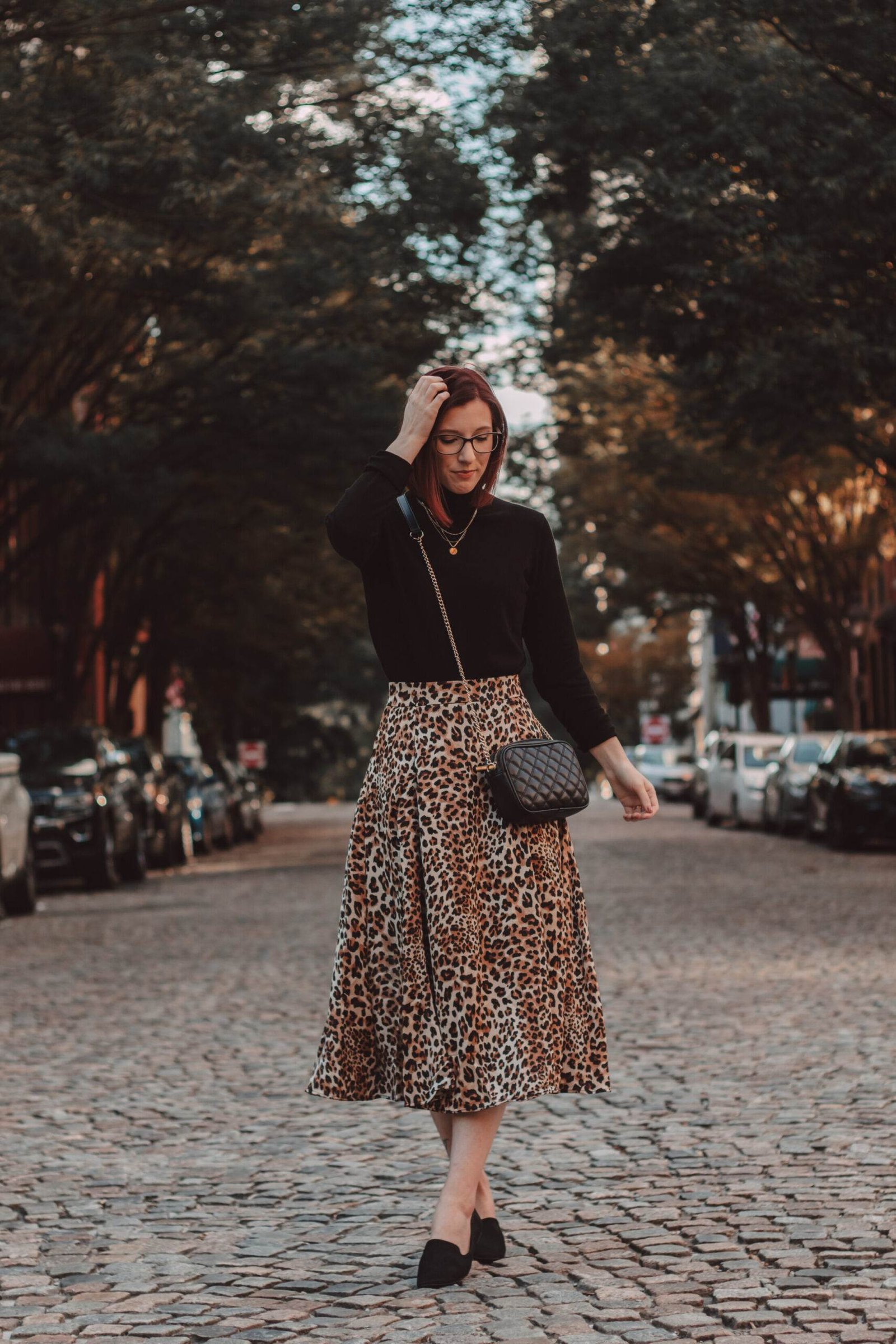 LEOPARD PRINT SKIRT & BLACK TURTLENECK