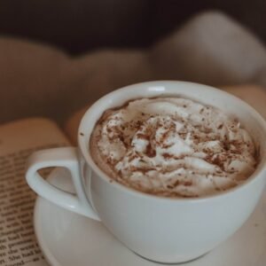 close-up shot of mug filled with whipped cream and cinnamon sprinkled on top