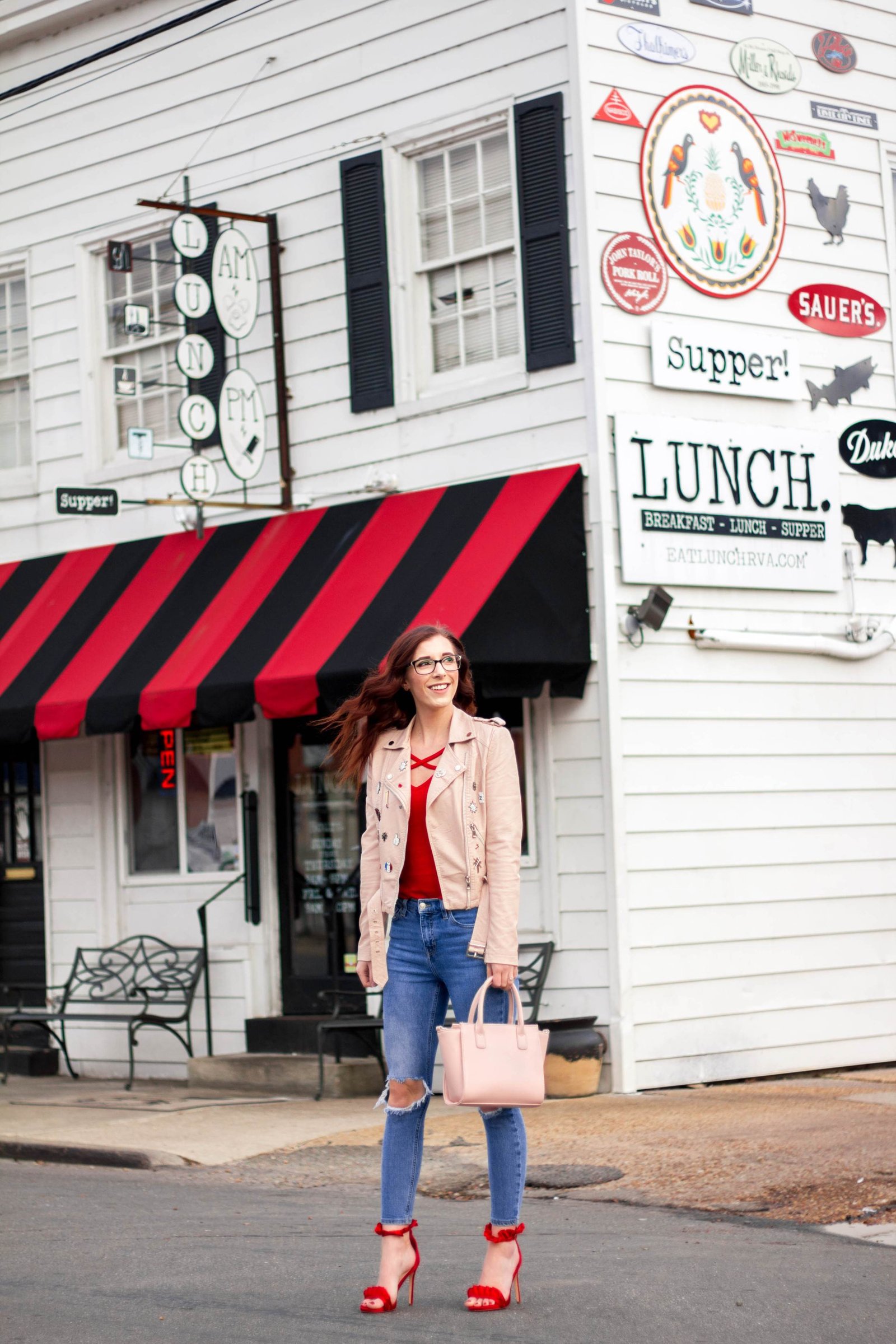 Galentine's Day fashion outfit, white jeans and red top with a