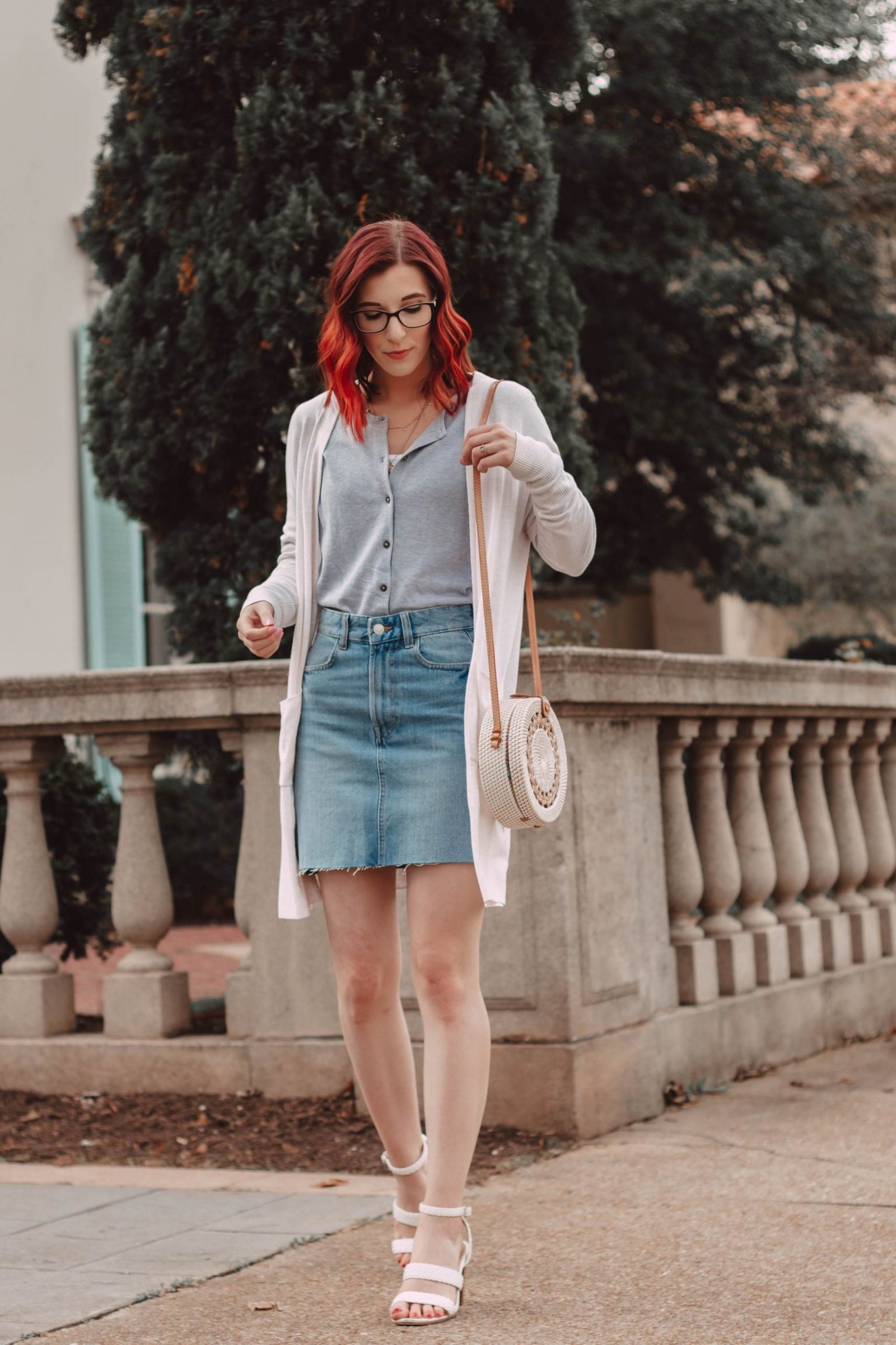 Denim skirt and on sale denim jacket outfit