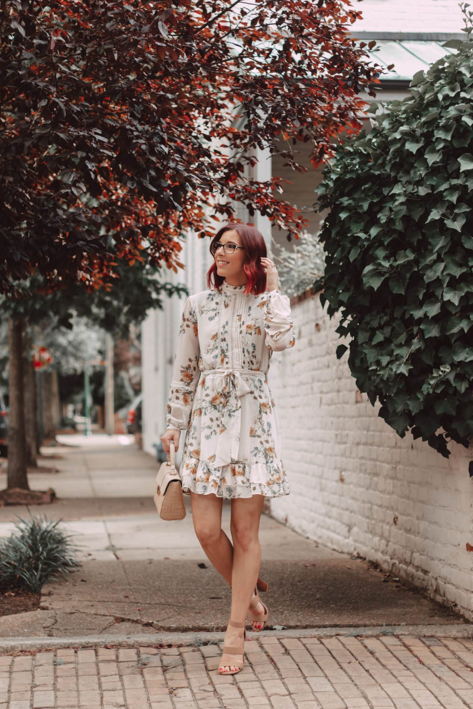Davina Satin Long Sleeve Mini Dress - Rose Print - MESHKI U.S